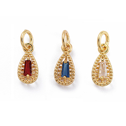 Mixed Color Brass Micro Pave Cubic Zirconia Pendants, with Jump Ring, Teardrop, Golden, Mixed Color, 11x5x3mm, Hole: 3mm