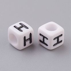 Letter H Acrylic Horizontal Hole Letter Beads, Cube, White, Letter H, Size: about 6mm wide, 6mm long, 6mm high, hole: about 3.2mm, about 2600pcs/500g