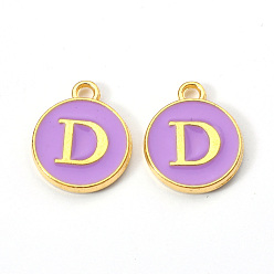 Letter D Golden Plated Alloy Enamel Charms, Enamelled Sequins, Flat Round with Letter, Medium Purple, Letter.D, 14x12x2mm, Hole: 1.5mm