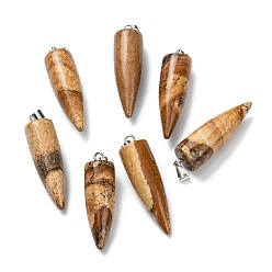 Picture Jasper Natural Picture Jasper Pendants, with Platinum Brass Findings, Bullet, 32~35x10~11mm, Hole: 7X3mm