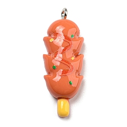 Coral Opaque Resin Imitation Food Pendants, Kebab Charms with Platinum Tone Iron Loops, Coral, 33.5x13x7mm, Hole: 2mm