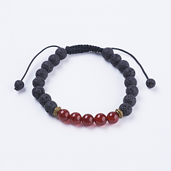 Carnelian Adjustable Nylon Cord Braided Bead Bracelets, with Lava Rock, Carnelian Beads & Alloy Findings, 2-1/8 inch(54mm)