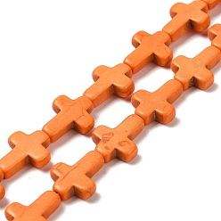 Orange Foncé Brins de perles synthétiques teintes en turquoise, croix religieuse, orange foncé, 15.5x12x4mm, Trou: 1.4mm, Environ 24~26 pcs/chapelet, 14.96''~16.14'' (38~41 cm)