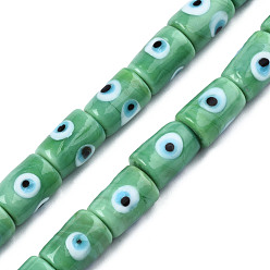 Medium Aquamarine Handmade Evil Eye Lampwork Beads, Column, Medium Aquamarine, 14x10mm, Hole: 1.2mm, about 25pcs/strand, 13.98 inch(35.5cm)