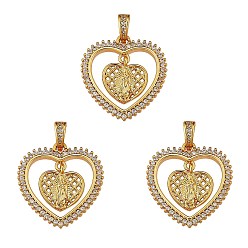 Real 18K Gold Plated 3Pcs Religion Theme Brass Micro Pave Clear Cubic Zirconia Pendants, Heart with Statue of Jesus Christ, Real 18K Gold Plated, 27x21x2mm, Hole: 4x2.5mm