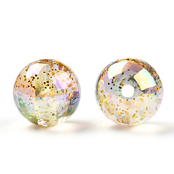 Champagne Yellow UV Plating Rainbow Iridescent Acrylic Beads, Bead in Bead with Glitter Powder, Round, Champagne Yellow, 16x15.5mm, Hole: 2.7mm