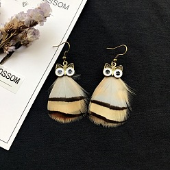 Lemon Chiffon Alloy Owl with Feather Dangle Earrings, Long Drop Earrings for Women, Lemon Chiffon, 50x50mm