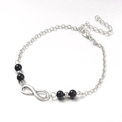Black Stone Fashion Tibetan Style Alloy Infinity Anklets, with Black Stone Beads, Zinc Alloy Lobster Claw Clasps and Iron Chains, Antique Silver, 230mm