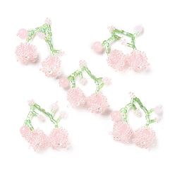 Pink Seed & Acrylic & ABS Plastic Pearl Beaded Pendants, Cherry Charms, Pink, 30~32x33~35x12~13mm, Hole: 1.2~1.4mm