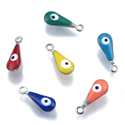 Mixed Color 304 Stainless Steel Enamel Charms, Stainless Steel Color, Teardrop with Evil Eye, Mixed Color, 12x4.5x3mm, Hole: 1.2mm