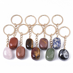 Mixed Stone Gemstone Keychain, with Golden Plated Iron Split Key Rings, Nuggets, 87~90mm