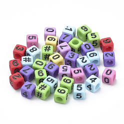 Mixed Color Opaque Acrylic Beads, Cube with Number, Mixed Color, 6x6x6mm, Hole: 3.5mm, about 2000pcs/500g