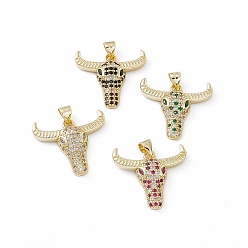 Mixed Color Brass Micro Pave Cubic Zirconia Pendants, OX Head Charm, Lead Free & Cadmium Free, Real 18K Gold Plated, Mixed Color, 20x23x4.5mm, Hole: 3.5x4mm