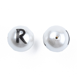 Letter R ABS Plastic Imitation Pearl Beads, with Printed, Round with Letter, Letter.R, 10mm, Hole: 1mm