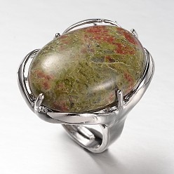 Unakite Adjustable Oval Brass Natural Unakite Wide Band Rings, 17mm, Tray: 28x22mm