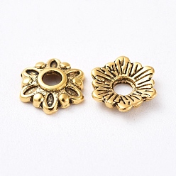 Antique Golden Tibetan Style Caps, Cadmium Free & Lead Free, Flower, Antique Golden, 7x7x2mm, Hole: 1.5mm