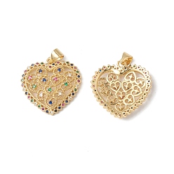 Real 18K Gold Plated Rack Plating Brass Pendants, with Colorful Cubic Zirconia, Hollow Heart Charm, Cadmium Free & Lead Free, Long-Lasting Plated, Real 18K Gold Plated, 22x22x4mm, Hole: 4x3.5mm