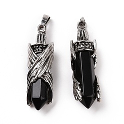 Obsidian Natural Obsidian Pendants, with Alloy Findings, Cadmium Free & Lead Free, Faceted, Bullet with Wing, 43.5~44x12.5~13x11.5~12mm, Hole: 7x5mm