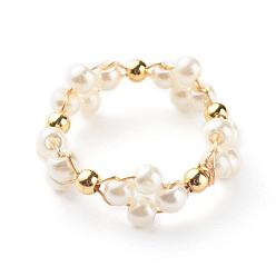 White Glass Pearl Beads Finger Rings, with Brass Beads, Ring, White, 7mm, US Size 8(18mm)