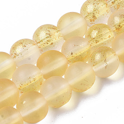 Or Brins de perles de verre peintes à la bombe givrée, avec une feuille d'or, ronde, or, 8~9mm, Trou: 1.2~1.5mm, Environ 46~56 pcs/chapelet, 14.37 pouces ~ 16.3 pouces (36.5~41.4 cm)