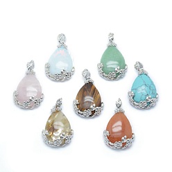 Mixed Stone Natural & Synthetic Mixed Stone Pendants, with Alloy Findings, teardrop, Platinum, 40.5x28.5x10mm, Hole: 4.5x8mm