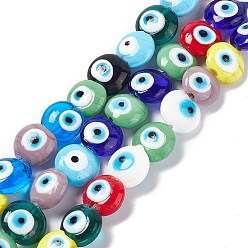 Mixed Color Handmade Evil Eye Lampwork Beads Strands, Flat Round, Mixed Color, 14~15.5x8mm, Hole: 1~1.4mm, about 14pcs/strand, 12.60 inch(32cm)