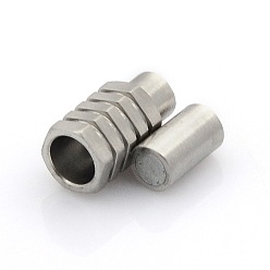 Stainless Steel Color 304 Stainless Steel Matte Surface Magnetic Clasps with Glue-in Ends, Hexagonal Prism, Stainless Steel Color, 20x10x9mm, Hole: 5mm
