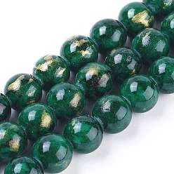 Dark Green Natural Jade Beads Strands, with Gold Foil, Dyed, Round, Dark Green, 6mm, Hole: 1mm, about 70pcs/strand, 15.75 inch(40cm)