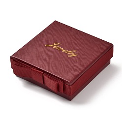 Dark Red Square & Word Jewelry Cardboard Jewelry Boxes, with Bowknot & Sponge, for Earring, Ring, Necklace and Bracelets Gifts Packaging, Dark Red, 9.5x9.3x3.4cm, Inner Size: 8.4x8.4cm