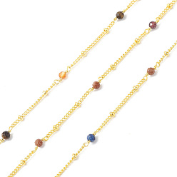Golden Brass Link Chains, with Gemstone Beads, Unwelded, with Spool, Golden, 2~9x1.5~3x0.8~3mm