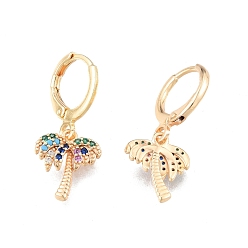 Real 18K Gold Plated Colorful Cubic Zirconia Coconut Tree Dangle Leverback Earrings, Brass Jewelry for Women, Cadmium Free & Nickel Free & Lead Free, Real 18K Gold Plated, 26mm, Pin: 1mm