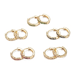Mixed Color Sparkling Cubic Zirconia Hoop Earrings for Girl Women, Lead Free & Nickel Free & Cadmium Free, Real 18K Gold Plated Brass Earrings, Mixed Color, 13x14x2.5mm, Pin: 0.7mm