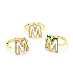 Letter M Mixed Color Enamel Initial Letter Adjustable Ring with Clear Cubic Zirconia, Real 18K Gold Plated Brass Jewelry for Women, Cadmium Free & Lead Free, Letter.M, US Size 5 1/4(16mm), Letter.M: 14x13mm