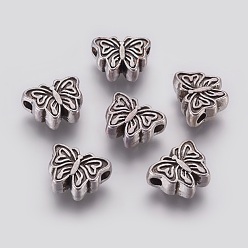 Plata Antigua Estilo tibetano perlas mariposa de aleación, sin plomo y el cadmio, plata antigua, 13x10x5 mm, agujero: 2 mm