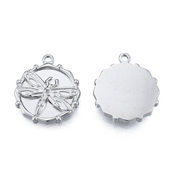 Stainless Steel Color 304 Stainless Steel Pendants, Flat Round with Dragonfly, Stainless Steel Color, 21x18x2.5mm, Hole: 1.6mm