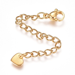 Golden 304 Stainless Steel Chain Extender, with Lobster Claw Clasps and Charms, Heart, Golden, 70.5mm, Link: 4x3x0.4mm, Clasp: 9.2x6.2x3.3mm