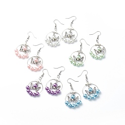 Color mezclado Anillo grande con cuentas de perlas de vidrio y aretes colgantes de mariposa de aleación, joyas de latón para mujer, color mezclado, 52 mm, pin: 0.5 mm