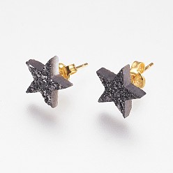 Black Plated Electroplate Natural Druzy Agate Stud Earrings, with Brass Findings, Star, Black Plated, 10x11x3mm, Pin: 0.8mm