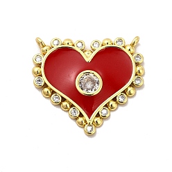 Dark Red Rack Plating Brass Micro Pave Clear Cubic Zirconia Connector Charms, Heart Links with Enamel, Cadmium Free & Lead Free, Real 18K Gold Plated, Long-Lasting Plated, Dark Red, 19.5x21.5x2mm, Hole: 1mm