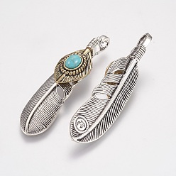 Antique Silver Tibetan Style Alloy Big Pendants, with Synthetic Turquoise, Feather, Antique Silver, 65x15x8.5mm, Hole: 4x6mm
