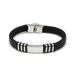 Stainless Steel Color Unisex Casual Style Leather Cord Bracelets, with Stainless Steel Findings and Watch Band Clasps, Stainless Steel Color, 220x9x4mm