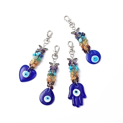 Mixed Stone Handmade Lampwork Evil Eye Pendant Decoration, Gemstone Chips Cluster Lobster Clasp Charms, Clip-on Charms, for Keychain, Purse, Backpack Ornament, Mixed Shapes, 125~144mm