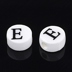 Letter E Handmade Porcelain Beads, Horizontal Hole, Flat Round with Letter, White, Letter.E, 8~8.5x4.5mm, Hole: 2mm