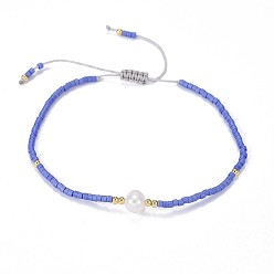 Bleu Royal Nylon réglable bracelets cordon tressé de perles, avec perles de rocaille et perle japonaises, bleu royal, 2 pouces ~ 2-3/4 pouces (5~7.1 cm)