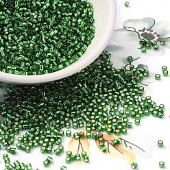 Verdemar Abalorios de la semilla de cristal, plata forrada, cilindro, verde mar, 2x1.5 mm, agujero: 1.4 mm, sobre 50398 unidades / libra