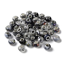 Black Resin European Beads, with Platinum Plated Brass Core, Rondelle, Black, 13.5x9mm, Hole: 5mm