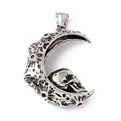 Antique Silver 304 Stainless Steel Pendants, Moon & Skull, Antique Silver, 43.5x38.5x11mm, Hole: 8x4.5mm