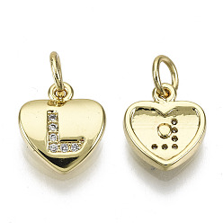 Letter L Brass Micro Pave Clear Cubic Zirconia Charms, with Jump Ring, Heart with Letter, Real 16K Gold Plated, Nickel Free, Letter.L, 10x9x2mm, Jump Ring: 5x1mm, 3mm inner diameter