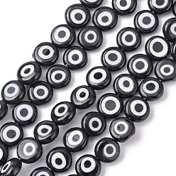 Negro Hechos a mano de cristal de murano mal de ojo planas hebras de perlas redondas, negro, 7.5x3 mm, agujero: 1 mm, sobre 48 unidades / cadena, 13.7 pulgada ~ 14.9 pulgada