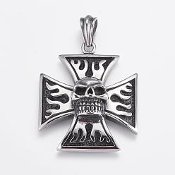 Antique Silver 304 Stainless Steel Big Pendants, Cross with Skull, Antique Silver, 57x48x16mm, Hole: 6.5x12mm
